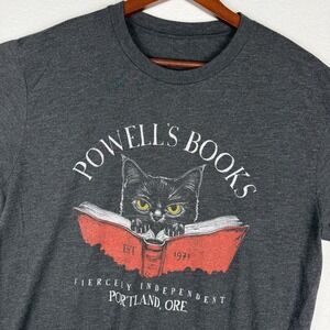 Powells Books Portland Oregon Black Cat Graphic T-Shirt Charcoal Grey Mens L